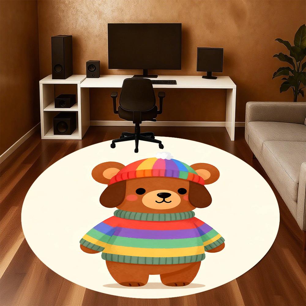 1pc Bear Rainbow Sweater Round Chair Mat Area Rug - Non-Slip, Floor Mat for Office, Bedroom, and Indoor Decor -Gift C1125002