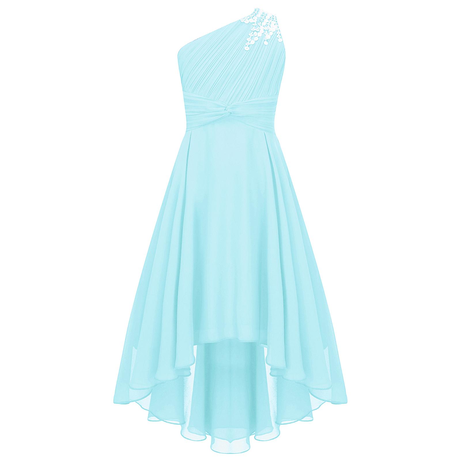 

Елегантна весільна сукня на одне плече для дівчинки, драпірована, з блискучим бісером, без рукавів, з високою талією, з високим низом спереду та низьким ззаду, вечірня сукня 9-10 Years світло-синій колір