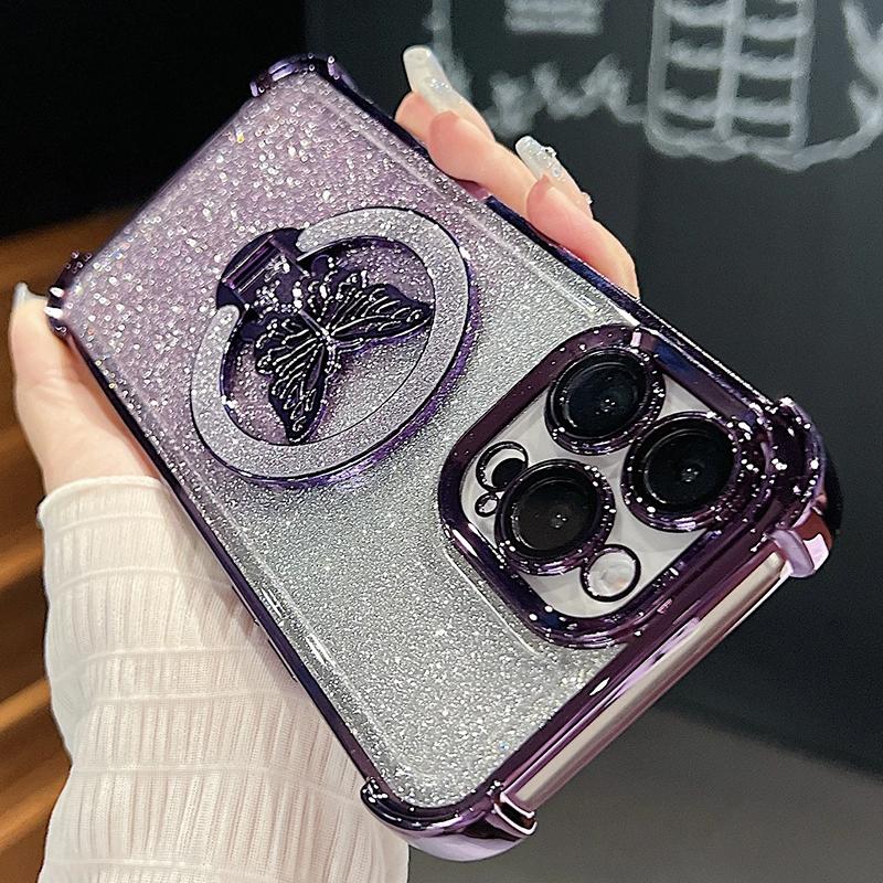 Glitter Butterfly Stand Phone Case for iPhone 17 Air 16 15 14 13 12 11 Pro Max 15 16 Plus Samsung S25 S24 23 S22 S21 Ultra Plus FE A17 A56 A36