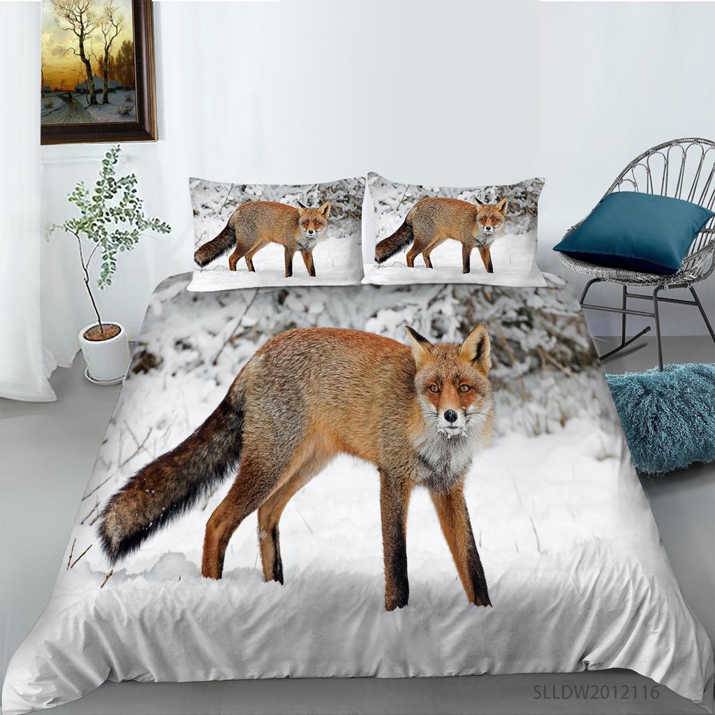 Fox Duvet Cover Set King/Queen Size Orange Lovely Fox Bedding Set For Kids Teens Boys Wild Animal 2/3Pcs Polyester Quilt Cover