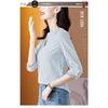 Women's Striped Linen Blouse - V-Neck Embroidery Three-Quarter Sleeve Casual Top