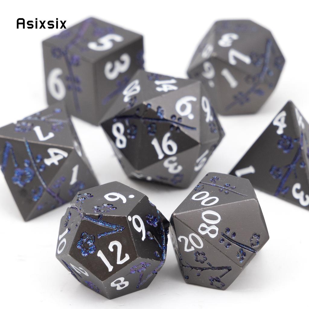 7 Pcs Black Flower Metal Dice Solid Metal Polyhedral Dice Set Suitable for Role-Playing RPG Board Game Card Game