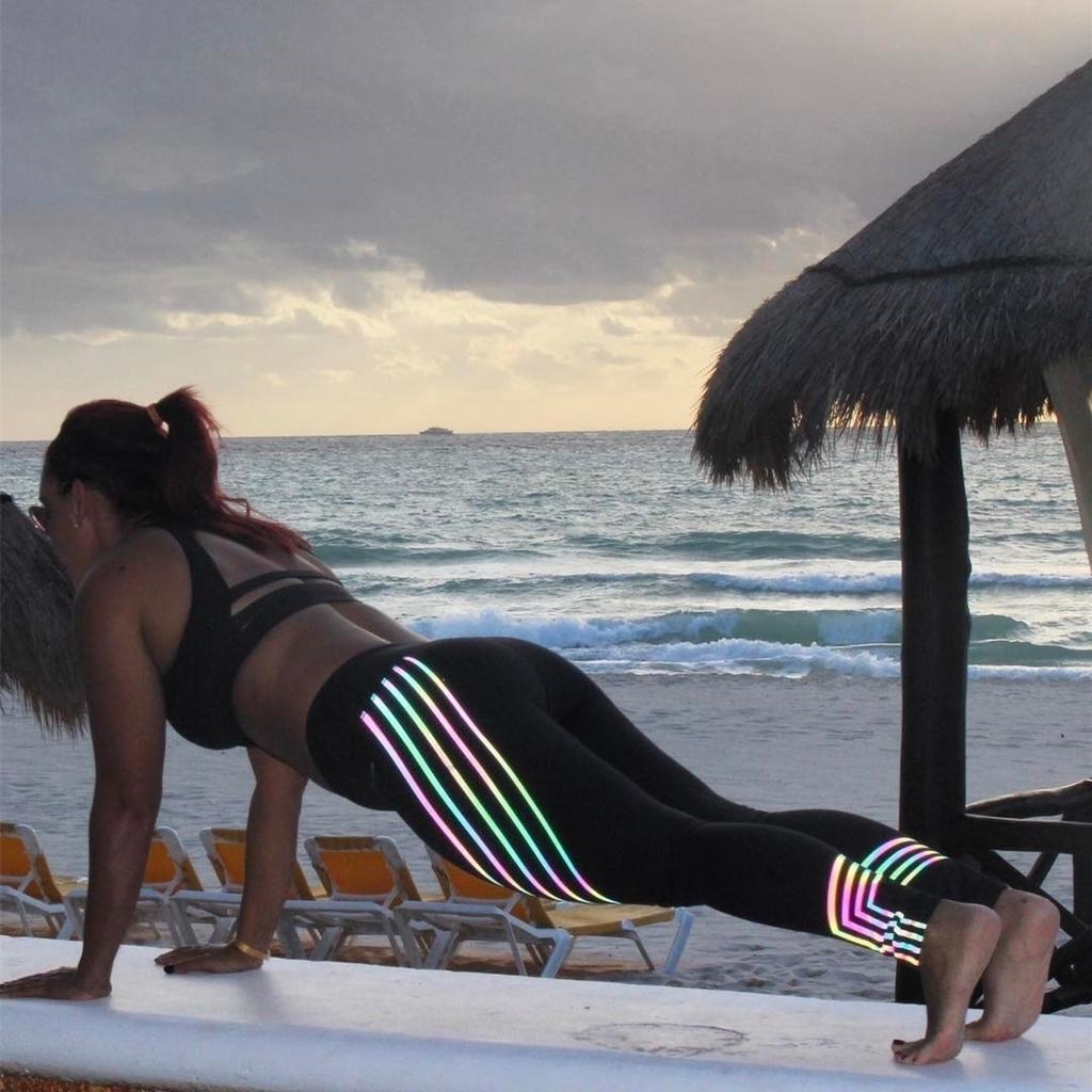 Joggers Night Running Pant Shiny Striped Print Leggings Women Casual High Waist Slim Yoga Pants Gym