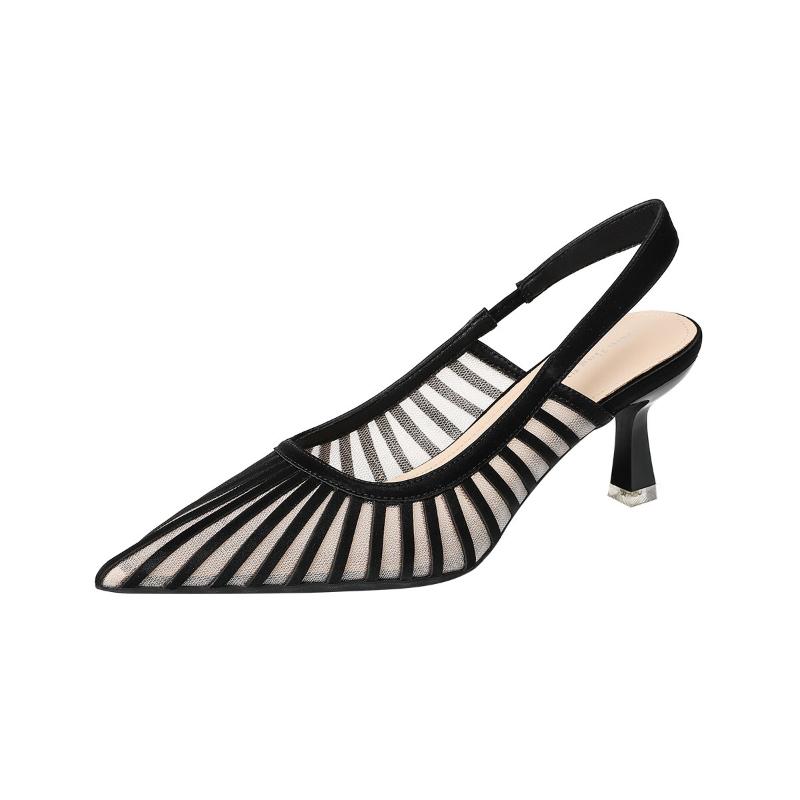 Mode 2025 Trendige Französische Spitzschuhe Streifen High Heel Pumps Damen Sexy Mesh Peep Toe Rückenfreie Sandalen
