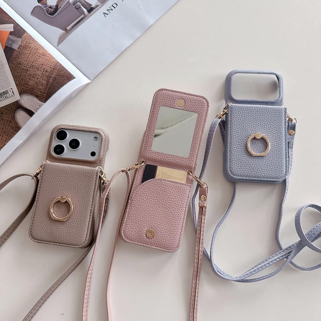 Crossbody Card Solt Ring Holder Flip Mirror Magnetic Wallet Leather Case For iPhone 17 Pro Max 16 Plus 15 14 13 12 Lanyard Cover