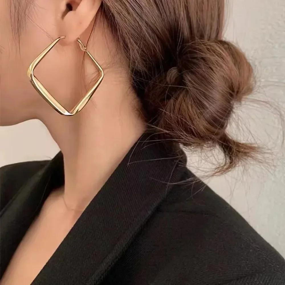 Exaggerated  Hoop Earrings for Women Gold Color Hollow Square Geometric Statement Personality Hanging Earrings