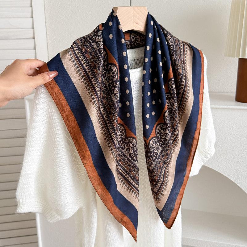 White polka dot peony flower small square scarf cotton and linen silk scarf women's high-end neck yarn air-conditioned room scarf shawl thin