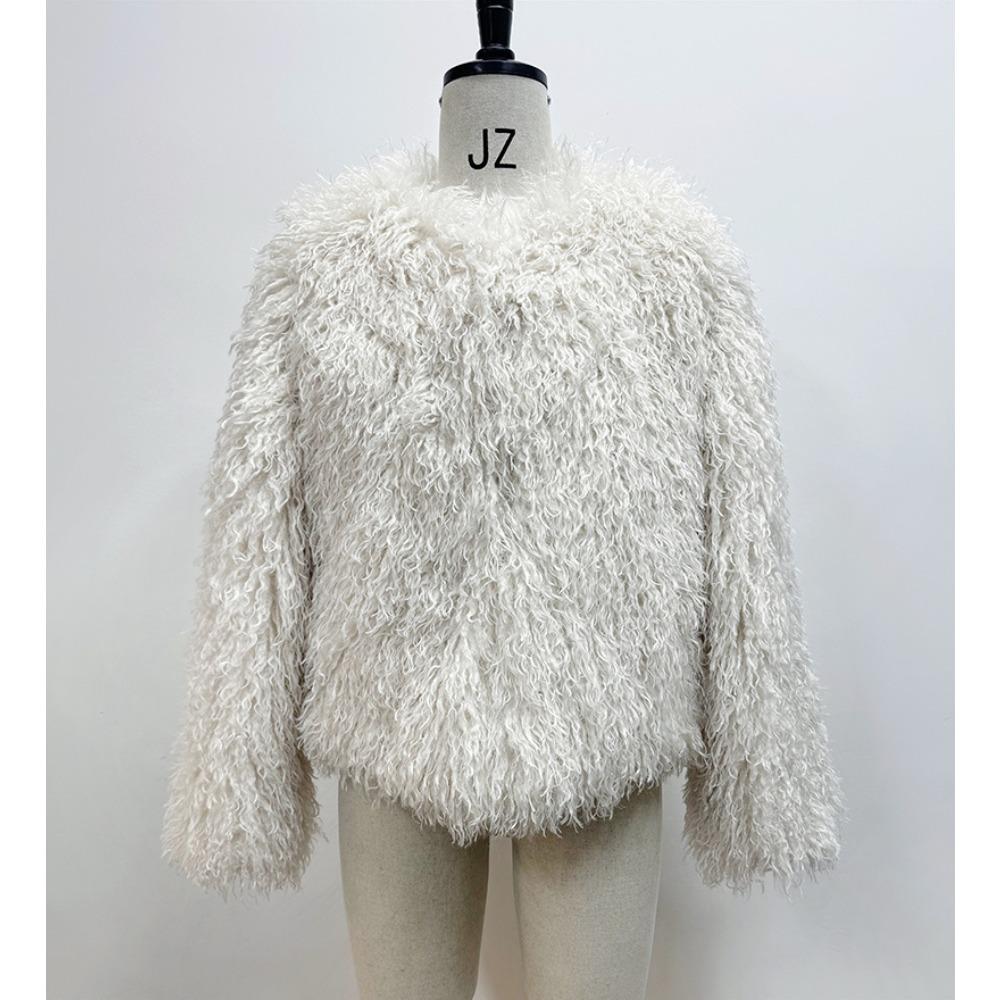 Damen Notched Collar Langarm Kunstpelzmantel Lockerer Sitz Ätherisches Fleece Oberbekleidung