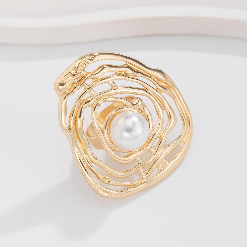 Women Fashion Jewelry Geometric Oval Rings Irregular Creative Adjustable Imitation Pearl Finger Rings Vintage Party Gifts
