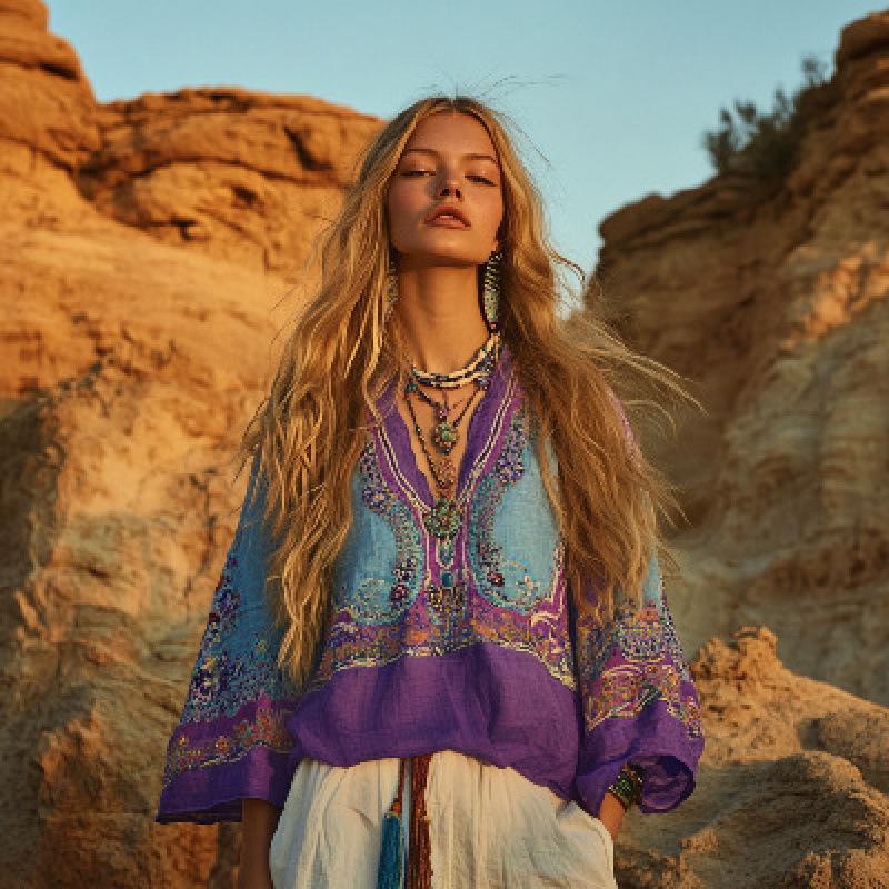 Camicetta da Donna Scollo a V Manica Lunga Vestibilità Regolare Casual Stampa Floreale Camicia Boemia