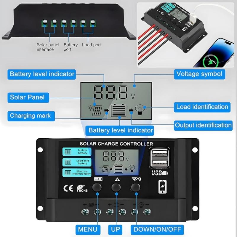 Solar Panel Regulator with LCD Display Double USB Port Solar Charging Controller for 12V 24V Systems Improved Control
