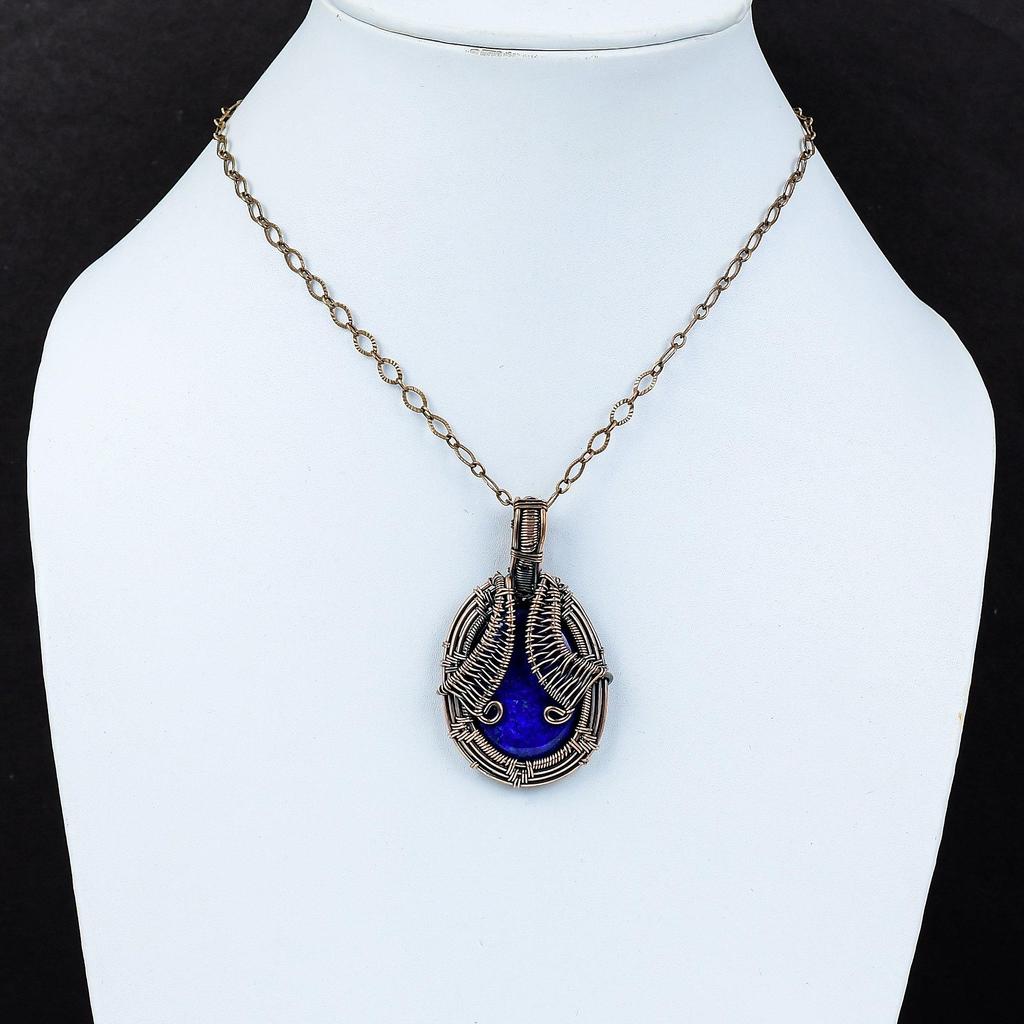 Joyful Lapis Lazuli Gemstone Pure Copper Wire Wrapped Handmade Pendant Jewelry