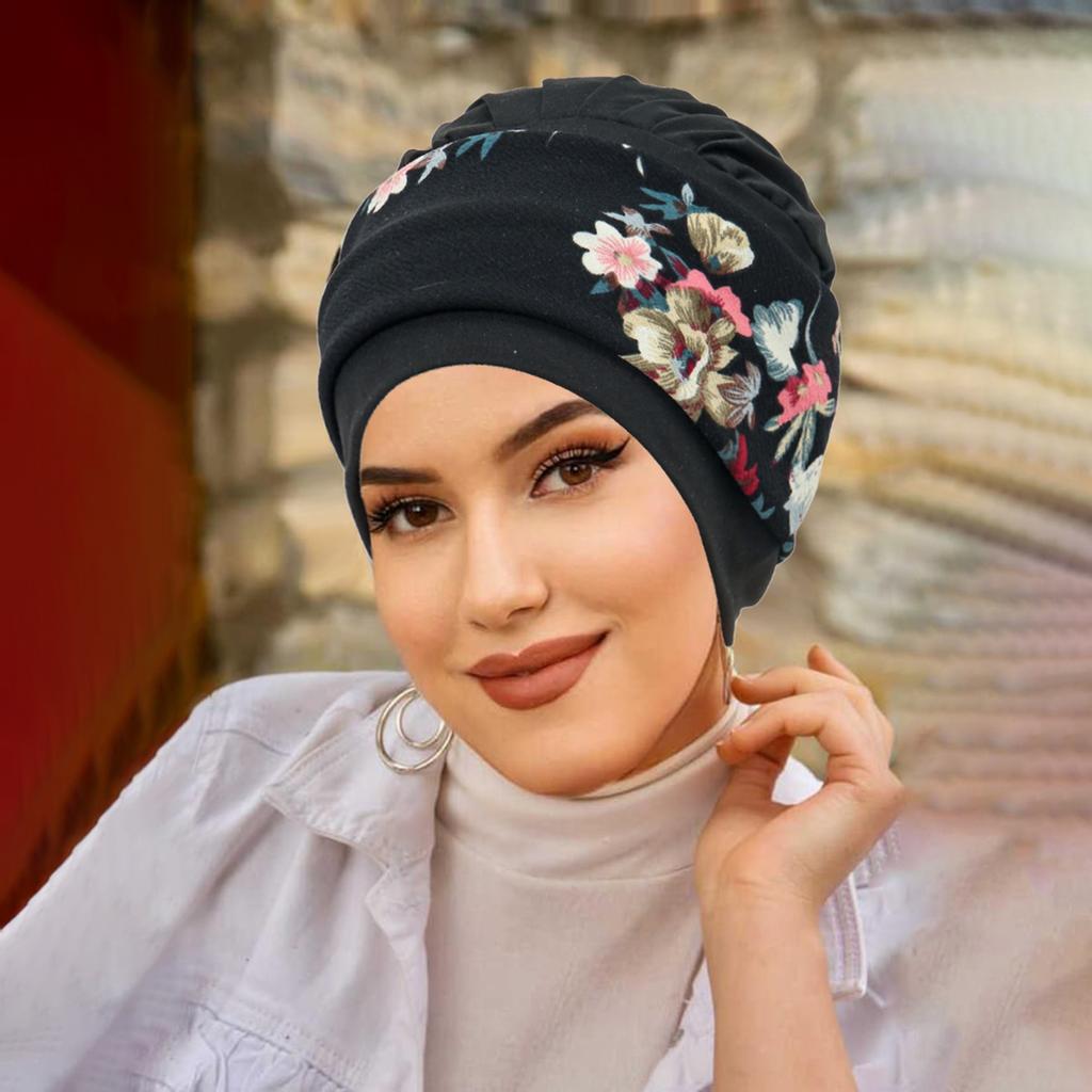 New Muslim Women Soft Strech Turban Hats Pre Tied Headscarf Print Flower Hijabs Bandana Chemo Beanies Caps Cover