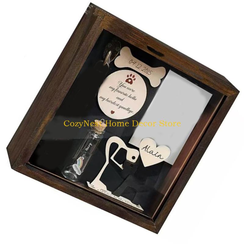 92MF Pet Memorial Gift Shadows Box Collar Holders Picture Frame Dog Wooden Sculpture Bottle Keepsakes Gift Wall Hangings