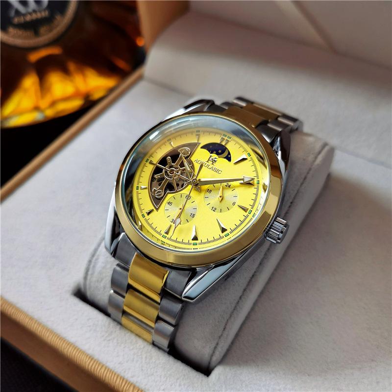 Novo Relógio Masculino Luminoso à Prova d'Água Sol, Lua e Estrelas Multifuncional Totalmente Automático Mecânico para Estudantes Homens