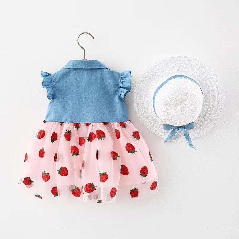 Girls Summer Denim And Tulle Spliced Princess Dress Sweet Cute Children Skirt