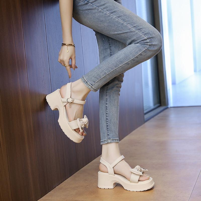 Korean Tide High Heels Women's Summer New Fashion Versatile Bow Comfortable Word with Thick Heel Sandals Women