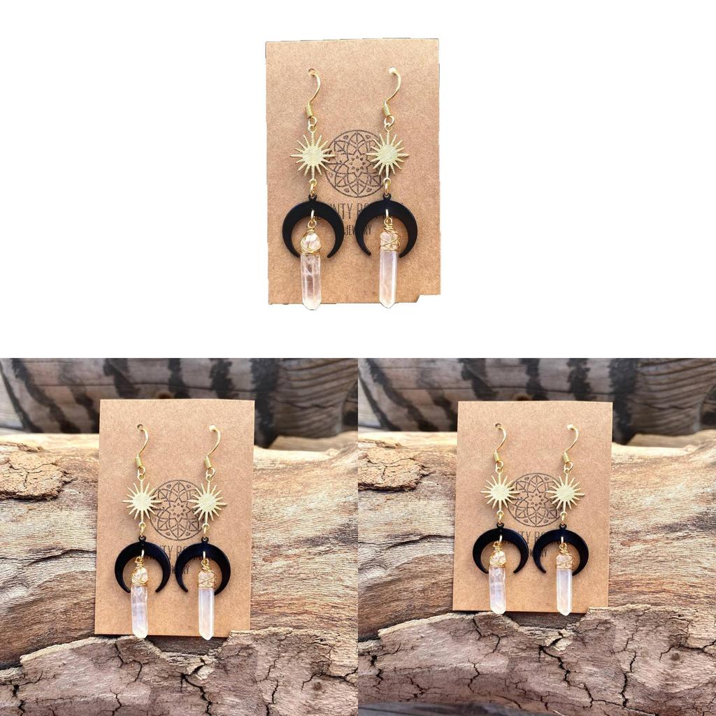 Bohemian Moon Black Quartz Crystal Earrings With Electroplated Alloy For Women And Men