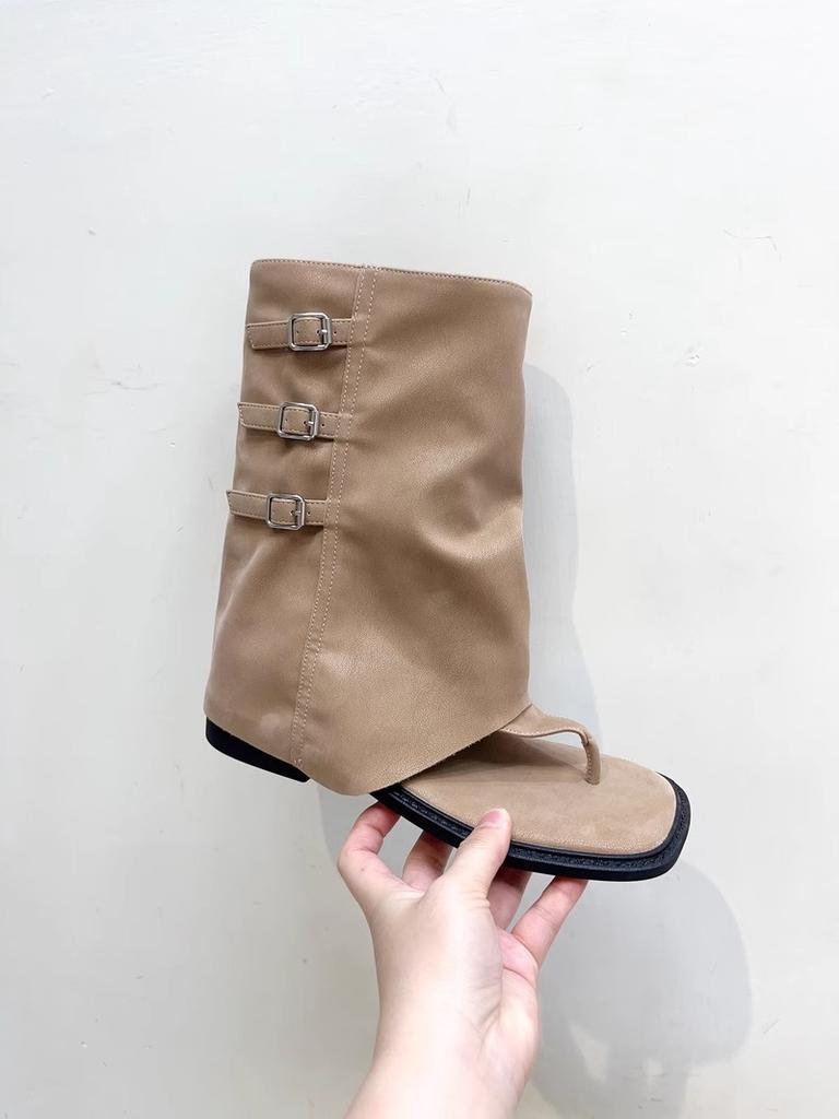 Summer new retro style belt buckle flat bottom toe open toe pants short boots women's medium tube herringbone cool boots