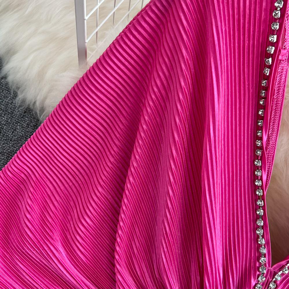 High-end Sexy Temperament Lose Design V-ausschnitt Open-back Taille Fledermaus-ärmel Plissee Kleid Sommer