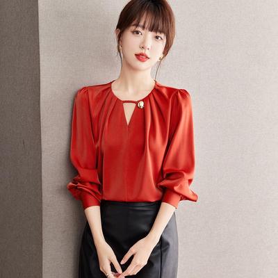 2025 Spring Women's Long Sleeve Chiffon Blouse - Slimming, Belly-Covering Top