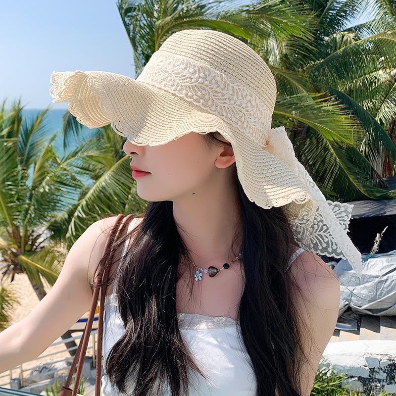 Korean Version, Lace Bow, Large Brim, Straw Hat, Women's, Summer, Breathable Sunshade, Sun Protection Beach Hat, Sweet Fisherman Hat
