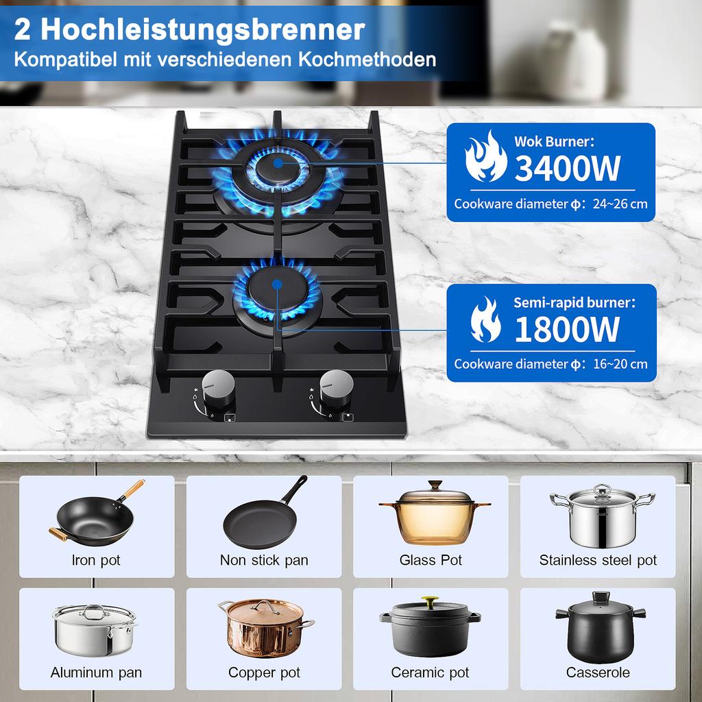 TopStrong 30cm Tempered Glass Gas Cooktop with Cast Iron Supports, 5200W, Black, Easy Installation