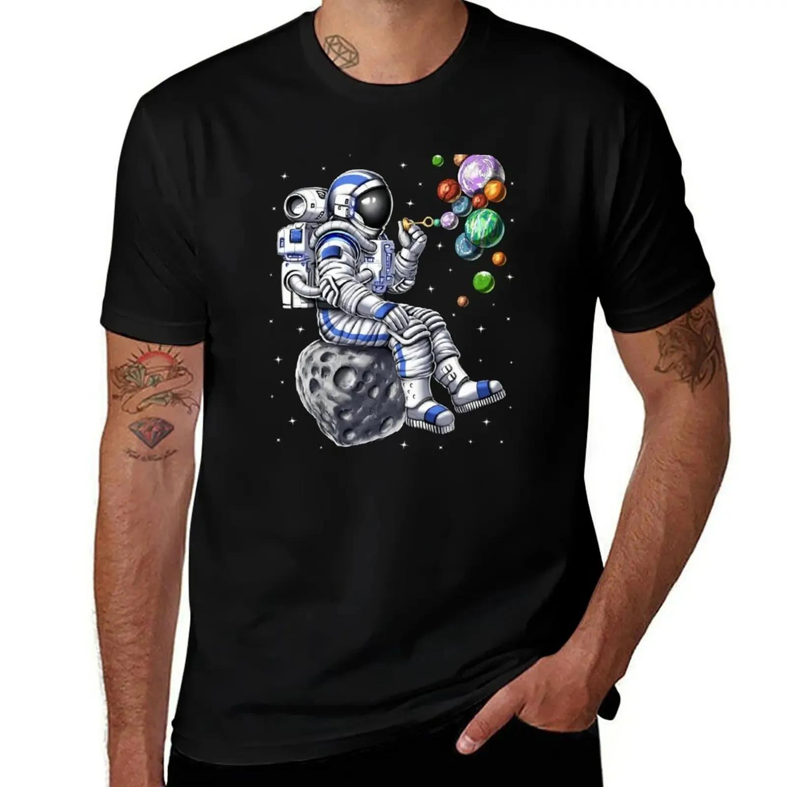 Astronaut Blowing Bubbles Graphic Tee Soft Cotton Space Themed T-Shirt for Men S чёрный