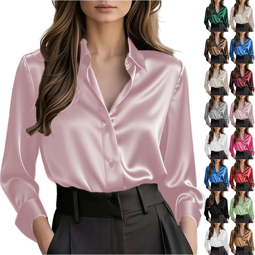 Women's Fashion Casual V-neck Solid Color Temperament Shirt Female Button Shirt Long Sleeve Ladies T-shirt Top