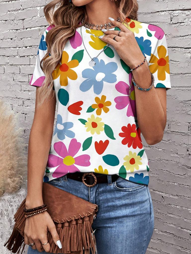 Sunflower Color Flower 3D Printing Women's T-shirt Casual Round Neck Short-sleeved Top Harajuku Y2k Tee Women's Clothing
