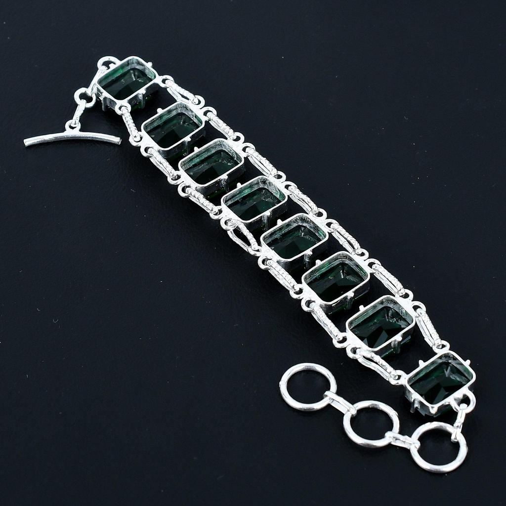 Faceted Green Tourmaline Bracelet 925 Sterling Silver Jewelry Adjustable Chain Bracelet Cushion Shape Gemstone Handmade Jewelry Gift For Her