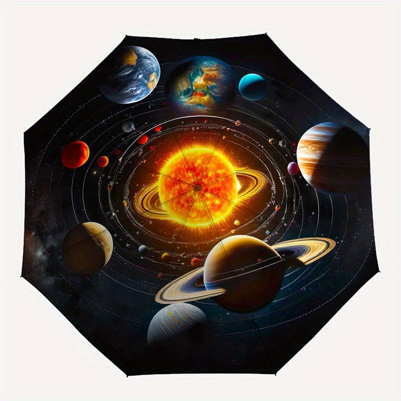 Solar System, Planets Automatic folding umbrella simple eight rib design, bright color pattern, durable iron frame, ideal for travel and ou