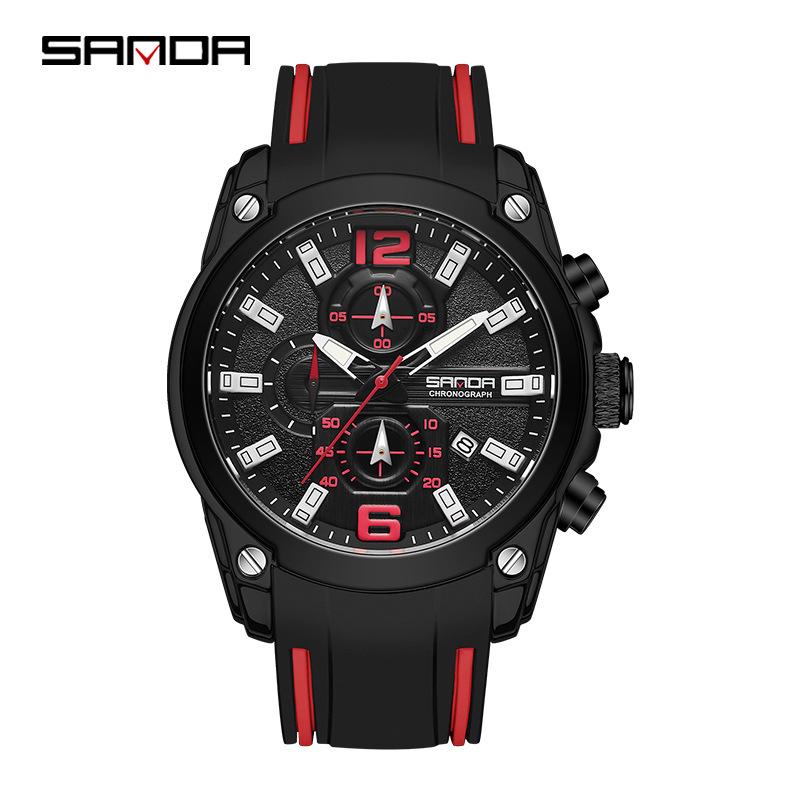 Sanda Men s Three-eye Waterproof Quartz Watch with Calendar  Silicone Strap