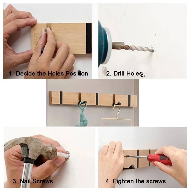 Garderoben-Organizer Wandhängend Bambus Schlüsselhaken Halter Gestell Haken Garderobenhaken Mit 5 Ausziehbaren Haken Heimdekoration