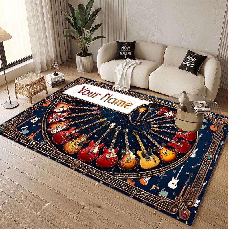 Music Guitar Theme Soft Crystal Velvet Rug Custom Name & Text Print Non Slip Floor Rug for Bedroom Living Room