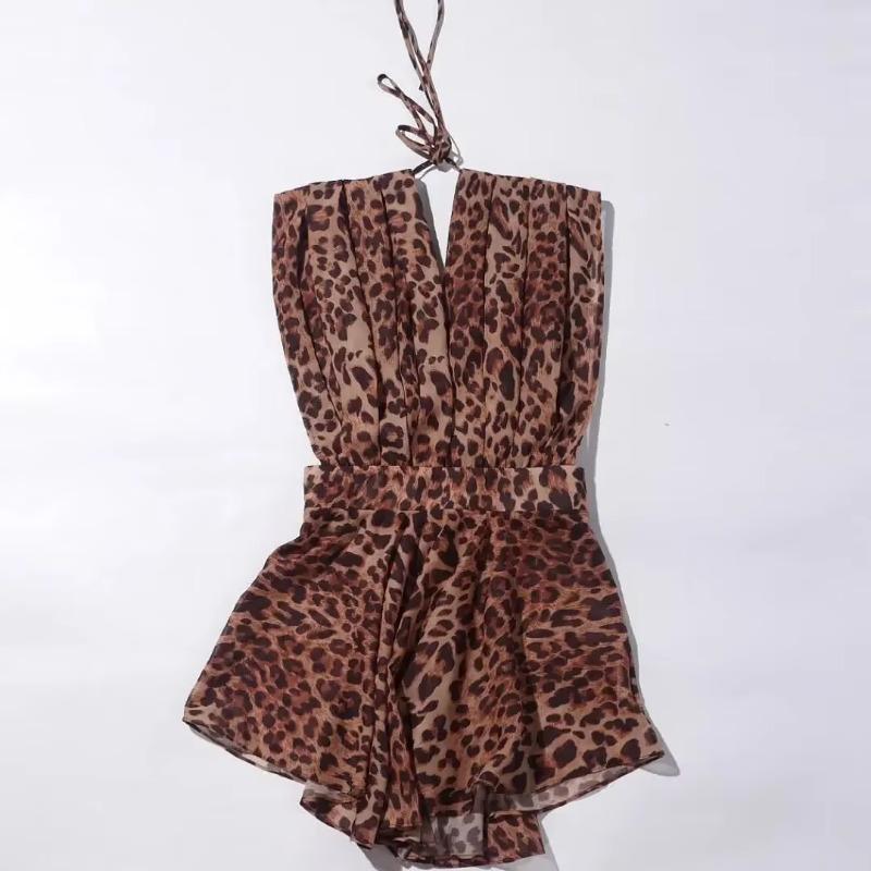 Leopard Print Silk Dress Women Sexy Deep -Neck Backless Beach Dresses Summer Sleeveless Chiffon Holiday Party Dress