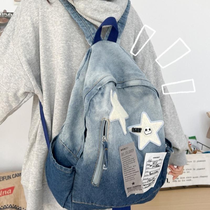 Gradientní džínový hvězdný batoh ve vintage stylu, unisex školní taška pro teenagery a vysokoškoláky, lehký prodyšný cestovní denní batoh