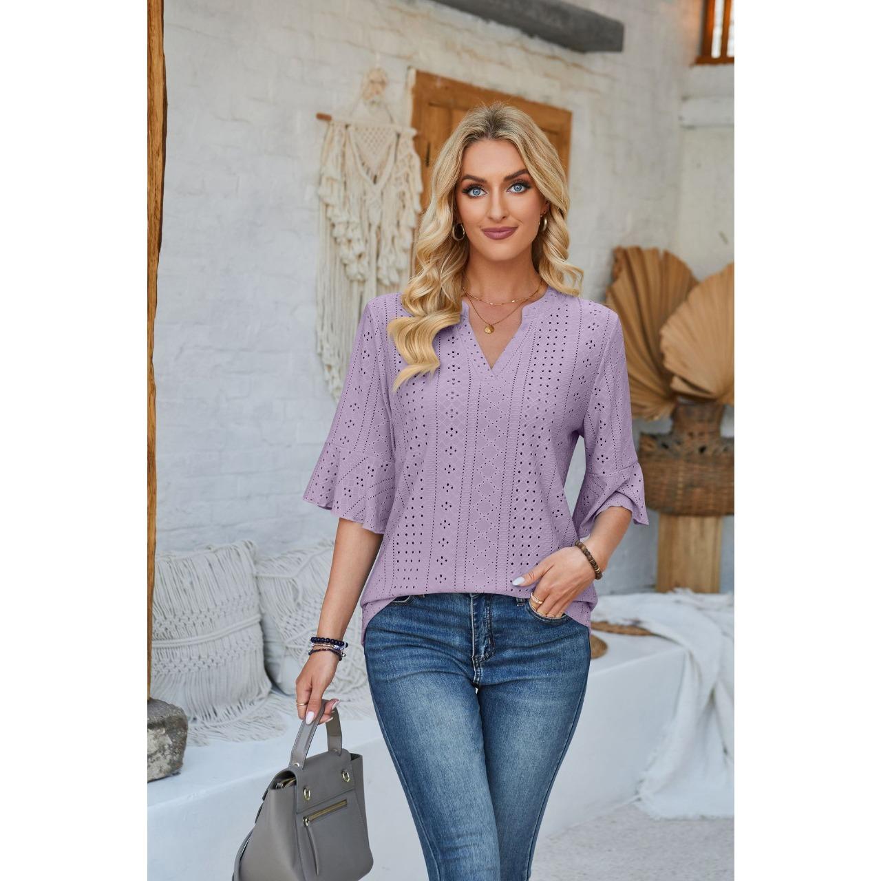 

GMXIA Spring Summer Solid Color Five-quarter Sleeve Loose T-shirt Casual Top for Women S фиолетовый
