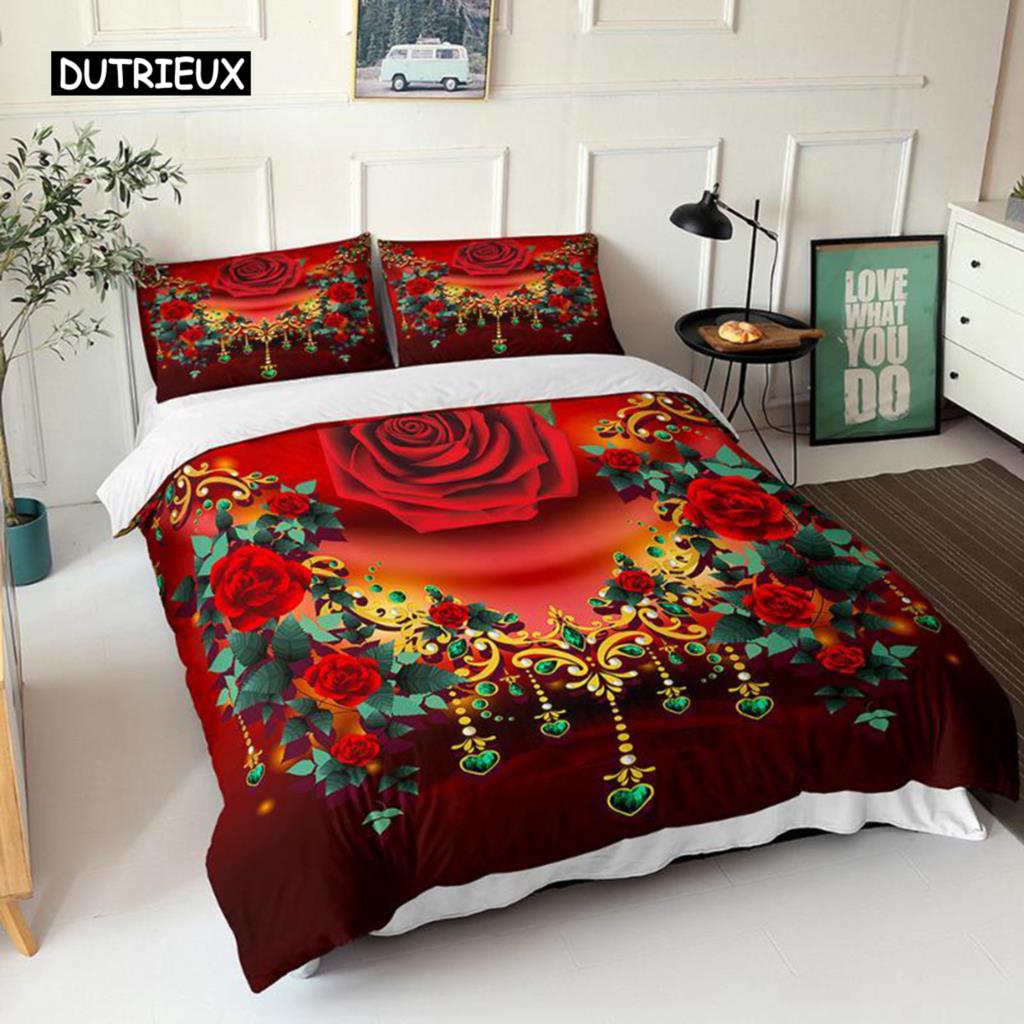 Red Rose Duvet Cover Set Queen Microfiber Floral Petals Botanical Twin Bedding Set Romantic Flowers Valentine's Day Quilt Cover