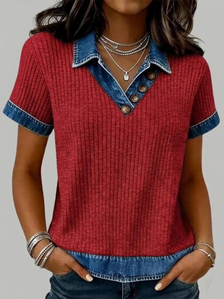 2026 Dam Casual Denimkrage Kortärmad Tröja Patchwork Stickad Skjorta