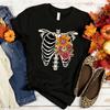 Halloween Women Tshirts Grow Through Flower Spine Skeleton Graphic Tee Vintage Floral Skeleton Spine Printed Halloween Tshirt