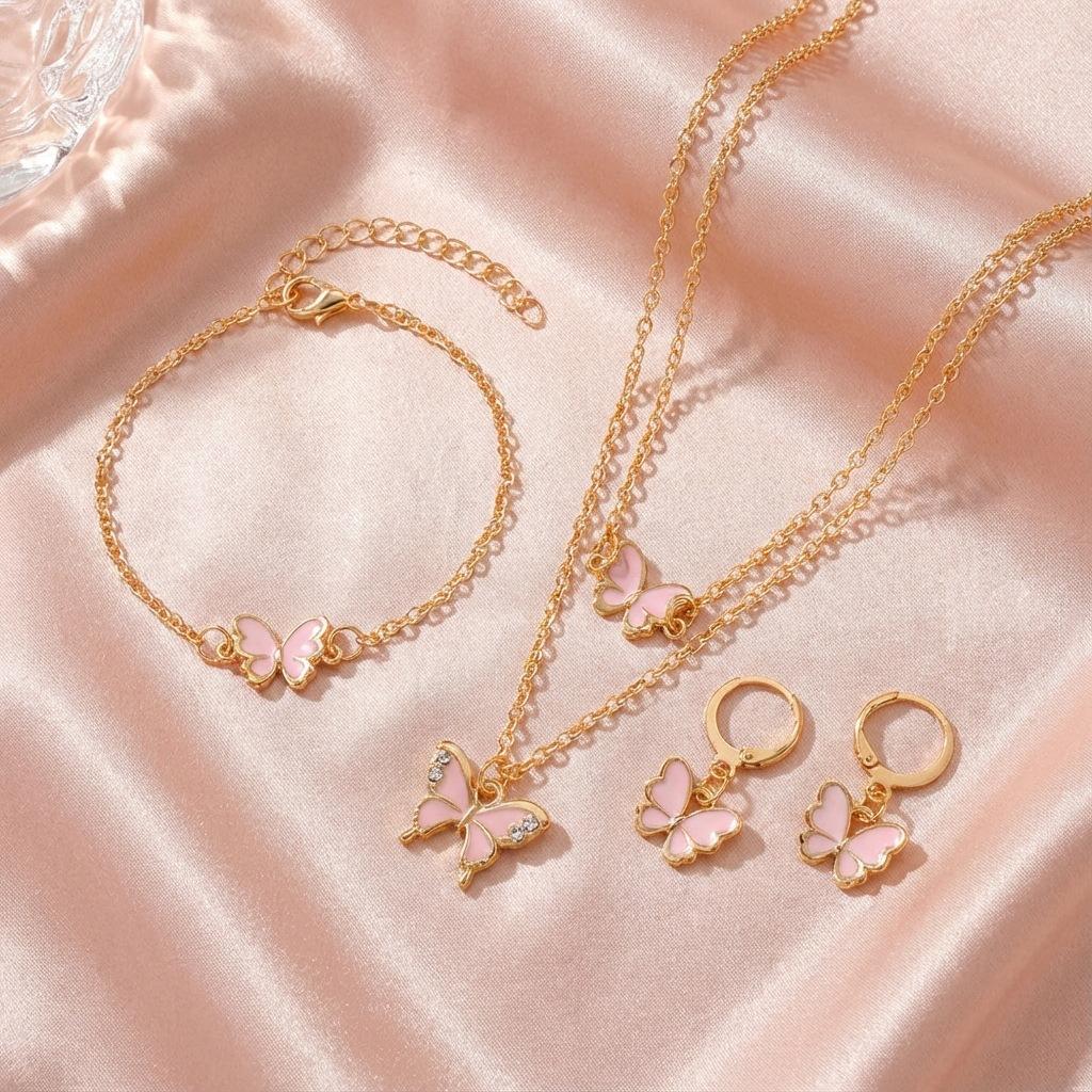 Exquisite and Luxurious Butterfly Pendant Necklace and Bracelet Set, Unique High-End Oil-Drip Earrings