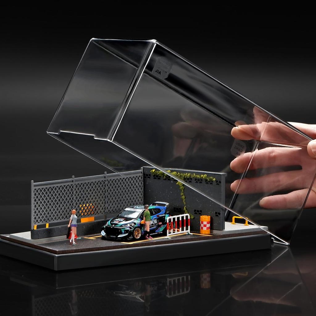 Shoucangjia Display Case for Tomica, Hot Wheels, Matchbox Cars 1:64 Scale Model Garage with Dust Cover, Street Fence Scene Diorama Parking Showcase
