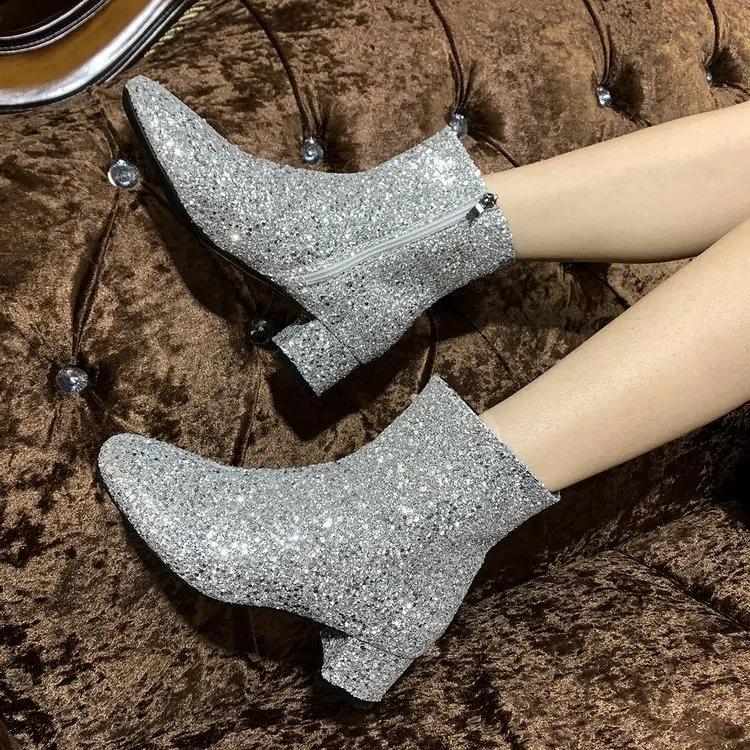 Fashion Women's Boots  Bling Sequins Solid Color Side Zipper Luxury Comfortable Midsole Boots  De Mujer Party Girls