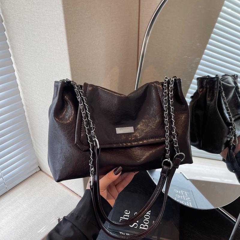 Trendy Buckle Women's One Shoulder Bags Black Large Capacity Chain Crossbody Pack Simple PU Leather Casual Female Handbags