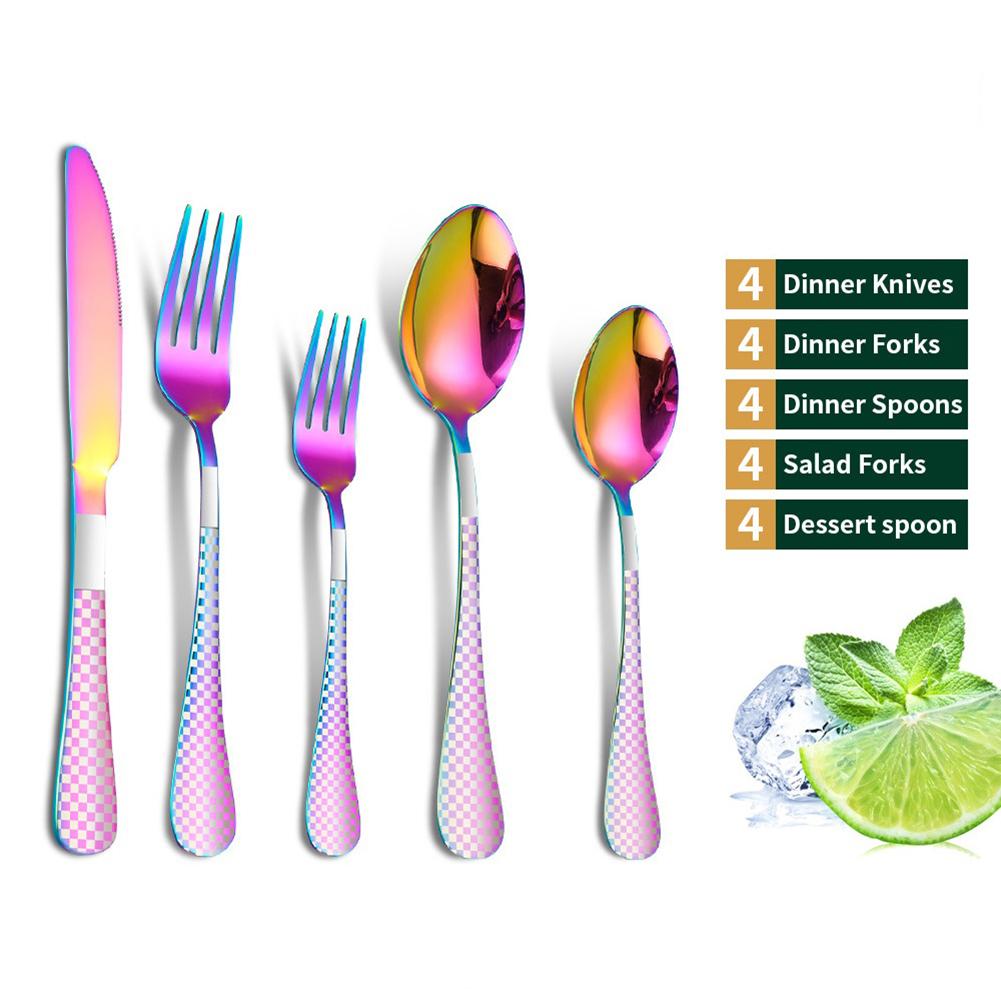 20pcs Cutlery Set Checkered Pattern Mirror Finish Smooth Edge Stainless Steel Fork Spoon Set