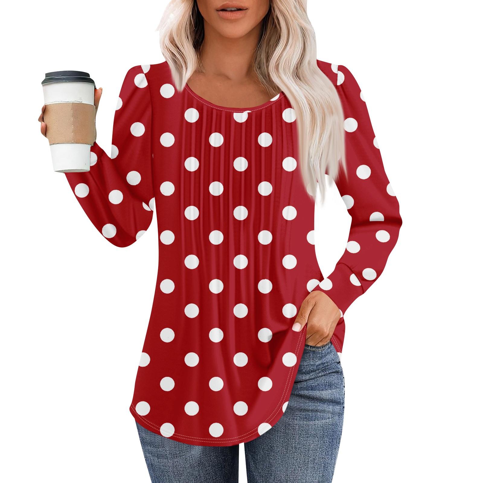 

Жіноча модна повсякденна плісирована футболка з круглим вирізом і принтом з довгими рукавами XXL червоний