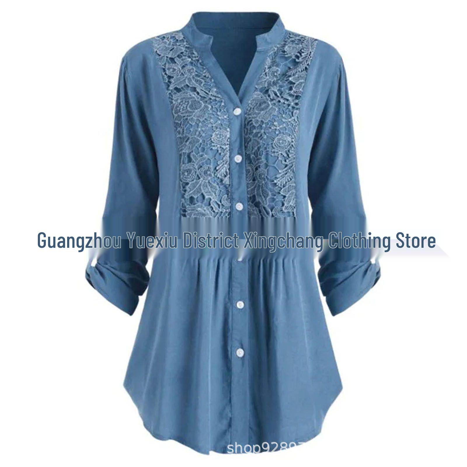 

2026 Trendy Solid Color Rayon Lace Trim Women s Long Sleeve Blouse 5XL королівський синій колір