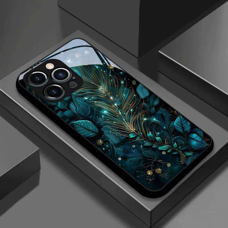 Peacock feather pattern tempered glass phone case suitable for iPhone 17 16 15 14 13 12 11 Pro/Max/Plus anti drop and shockproof