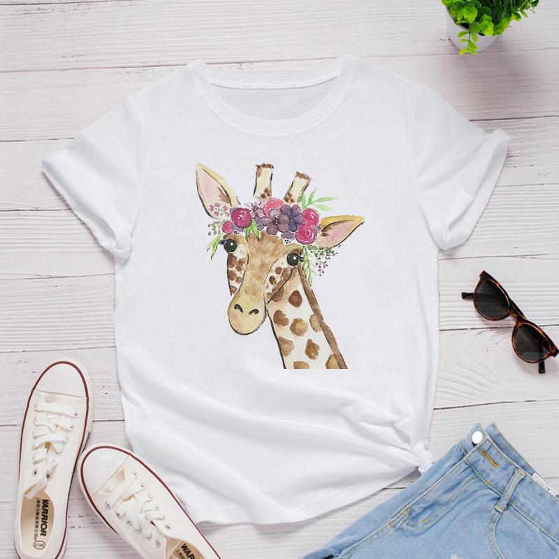 Women White Tshirt Tops Cute Cartoon Deer In The Flowers Love T Shirt Girl Fashion Harajuku T-Shirt Floral Pattern